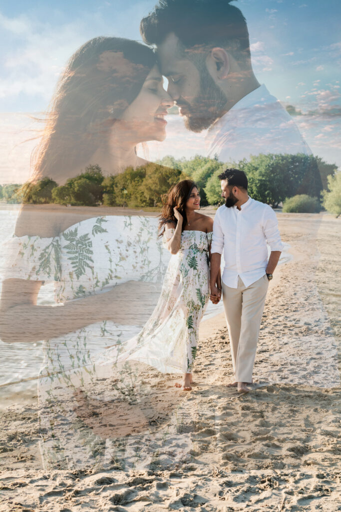 Zwangerschapsshoot op het strand met romantische dubbele belichting van verliefd stel in boho stijl