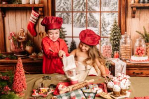 Kinderen tijdens een gezellige kerstfotoshoot in de bakkerijset in Almere