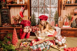 Kinderen tijdens een gezellige kerstfotoshoot in de bakkerijset in Almere